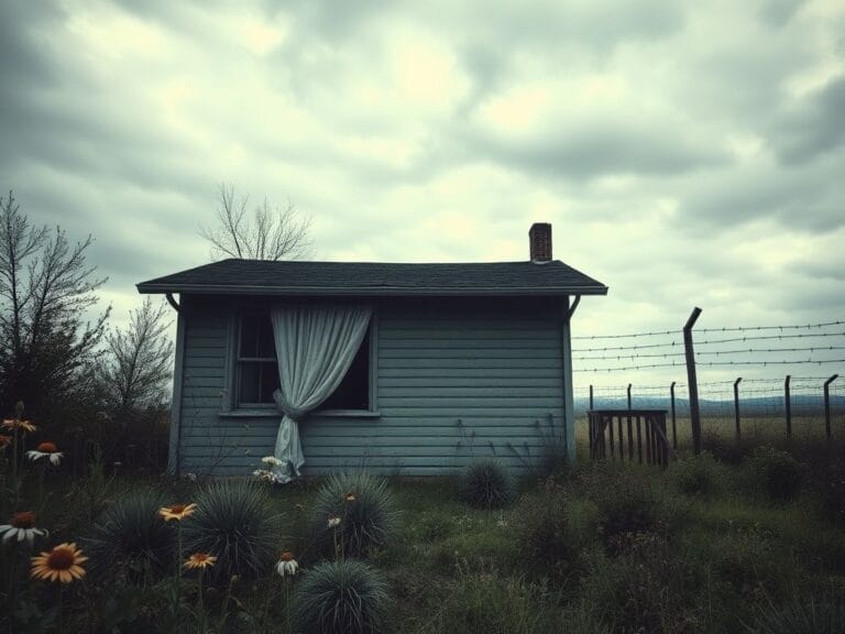 Flick International An abandoned house with drawn curtains and wilted flowers, symbolizing fear and isolation.