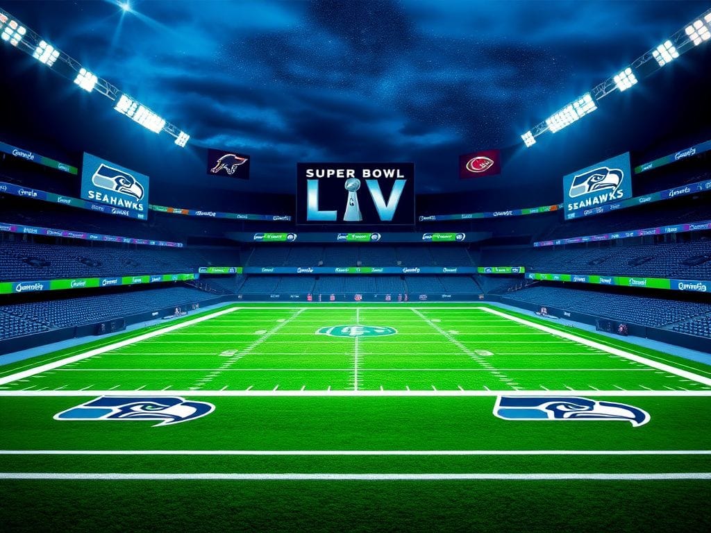 Flick International Vibrant football stadium illuminated at night featuring Seattle Seahawks colors and Super Bowl LX signage
