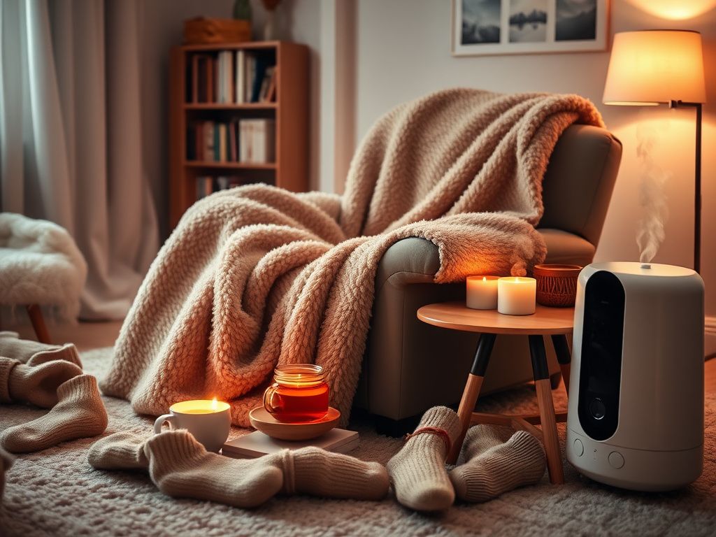 Flick International Cozy winter living room scene featuring a plush sherpa blanket and herbal tea