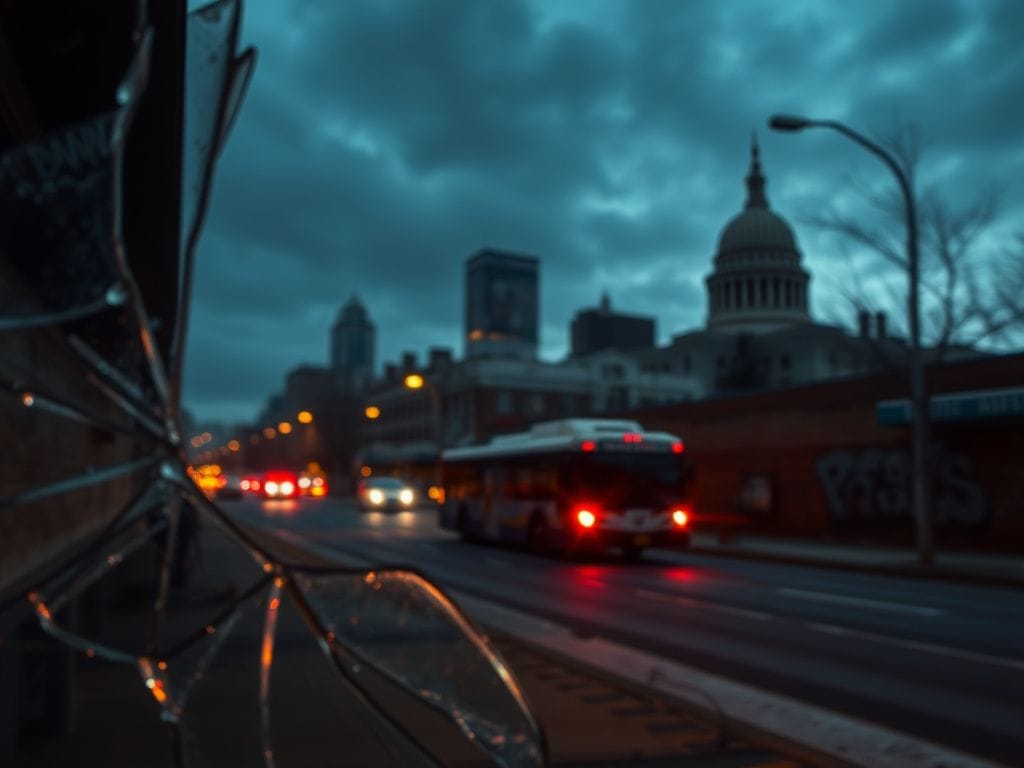 Flick International Shattered glass window in an urban landscape representing chaos and unrest in Minneapolis