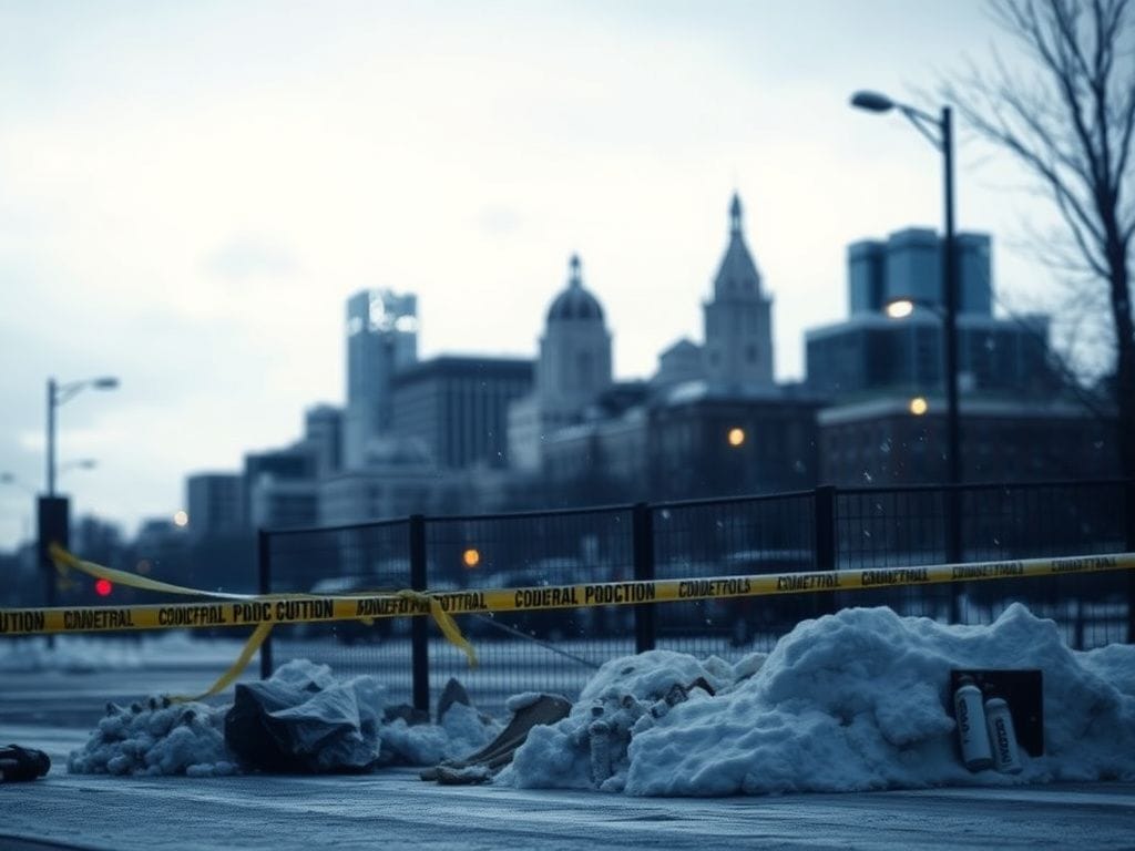 Flick International Moody urban landscape of Minneapolis skyline with police barricade during winter protest aftermath