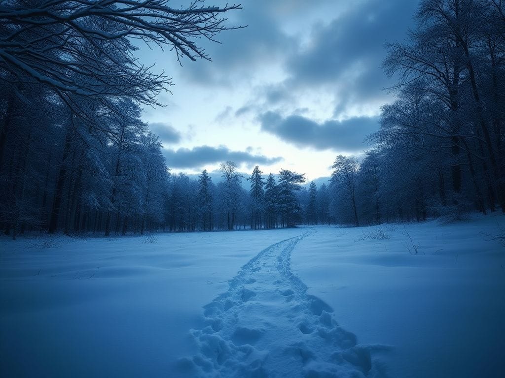 Flick International Snow-covered wooded area at dusk with faint tracks leading into the trees