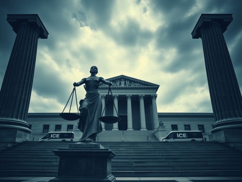 Flick International Weathered scales of justice statue at Minnesota courthouse steps symbolizing the legal battle over immigration policy