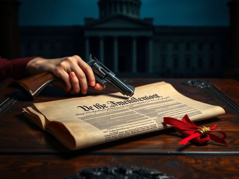 Flick International Hands holding a vintage handgun on an ornate table next to a Constitution scroll
