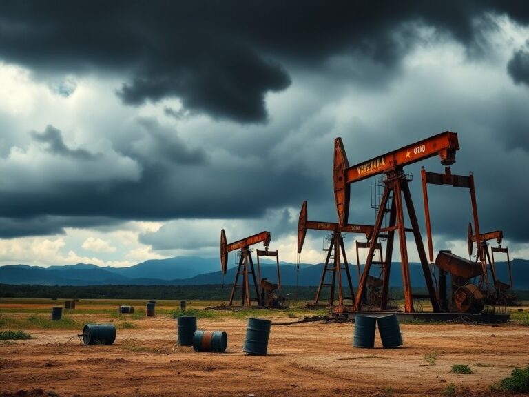 Flick International A dramatic landscape of Venezuela's oil fields under a stormy sky with rusting oil rigs