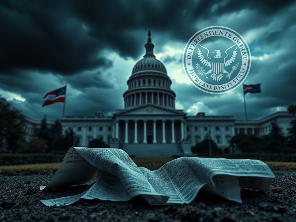 Flick International A dramatic view of the U.S. Capitol under stormy skies with a discarded spending bill in the foreground