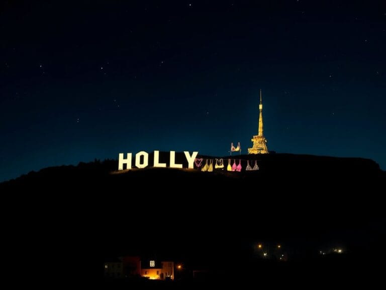 Flick International Night view of the Hollywood sign adorned with colorful bras