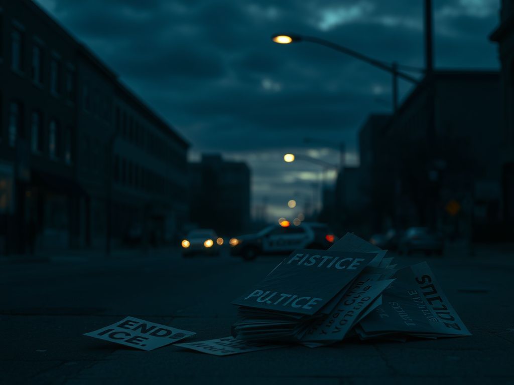 Flick International Empty street in Minneapolis with protest signs and a dimly lit streetlight