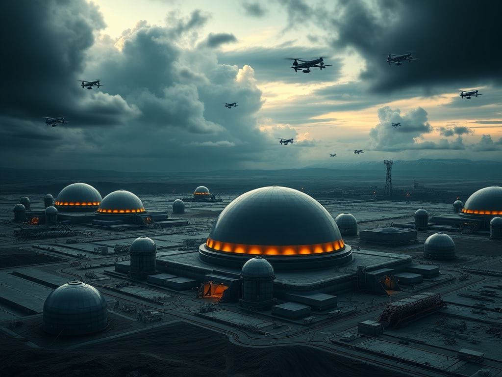 Flick International Futuristic landscape of the Golden Dome missile defense project with advanced systems and a dramatic sky