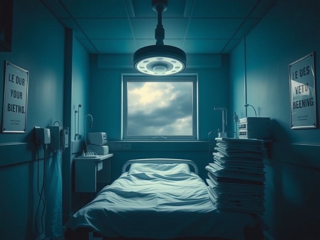 Flick International Dramatic hospital delivery room filled with medical equipment and a surgical lamp casting eerie shadows