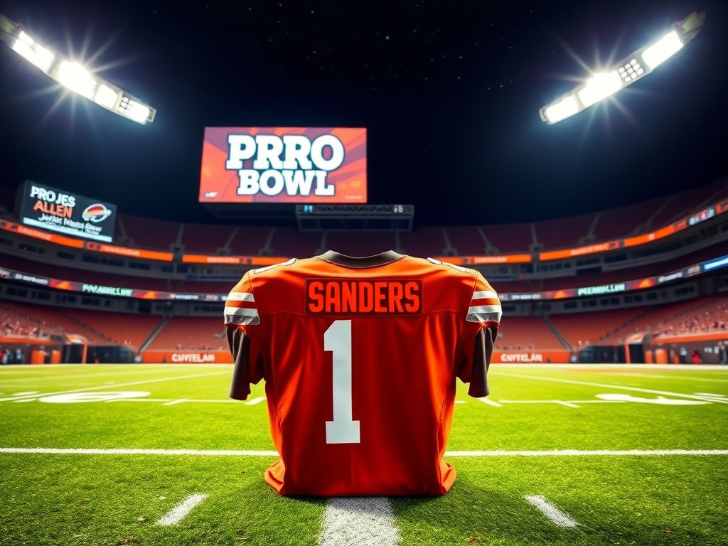 Flick International Football field at night with an empty Cleveland Browns jersey on a bench
