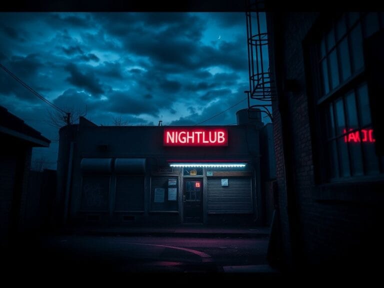 Flick International Dark urban scene of a dilapidated nightclub exterior with graffiti and ominous skies