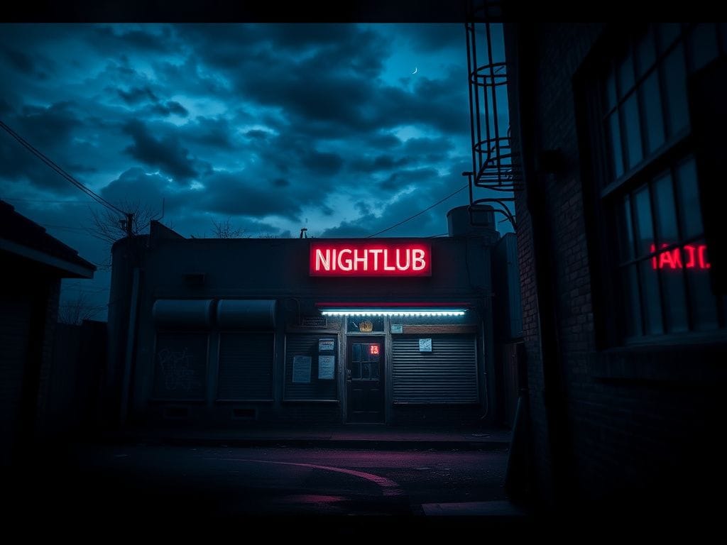 Flick International Dark urban scene of a dilapidated nightclub exterior with graffiti and ominous skies