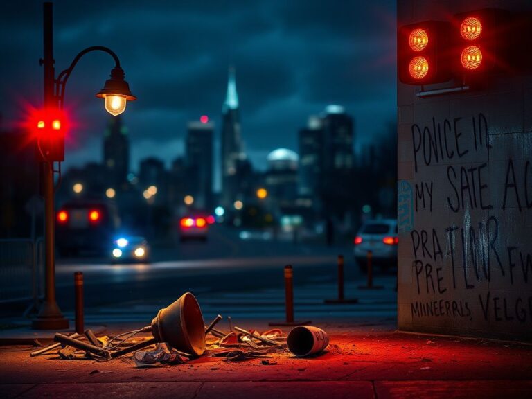Flick International Nighttime view of Minneapolis showcasing police barricades and street debris