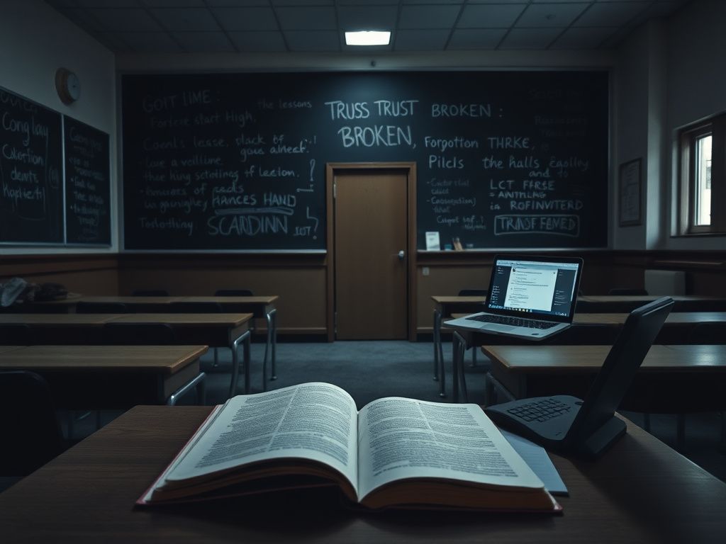 Flick International Dimly lit high school classroom with empty desks and a closed laptop, representing betrayal and trust issues in education.