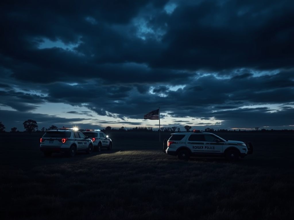 Flick International Twilight landscape at the Minnesota border featuring parked border patrol vehicles
