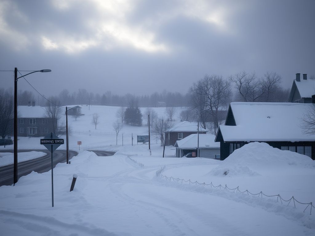 Flick International A snowstorm enveloping a quiet New York town during the winter blizzard