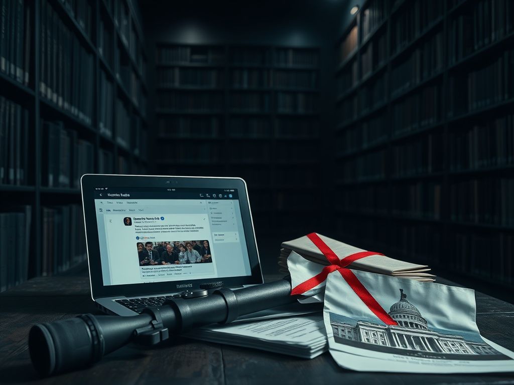 Flick International Dimly lit library with a social media feed showing troubling content about political violence