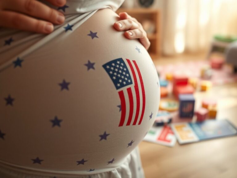 Flick International Close-up of a gently cradled baby bump with American flag patterns, symbolizing family and political strategy.