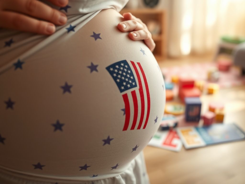 Flick International Close-up of a gently cradled baby bump with American flag patterns, symbolizing family and political strategy.