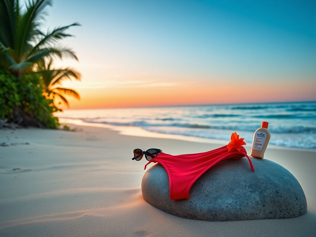 Flick International A vibrant red bikini draped over a smooth beach rock at sunrise