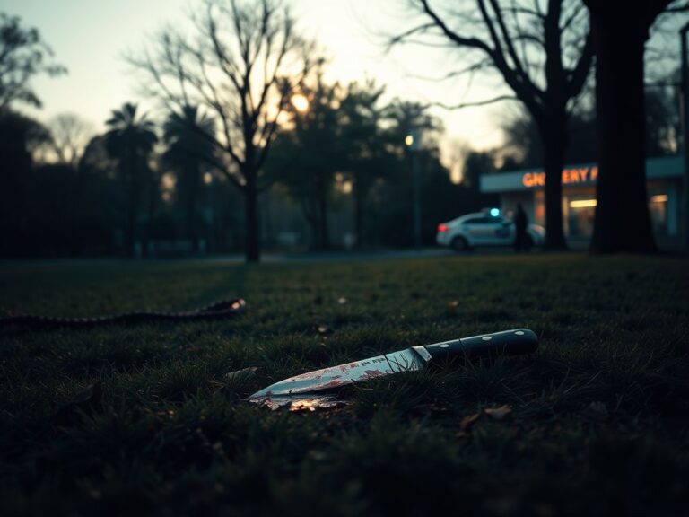 Flick International Blood-stained patch of grass with a knife and dog leash in a quiet park setting