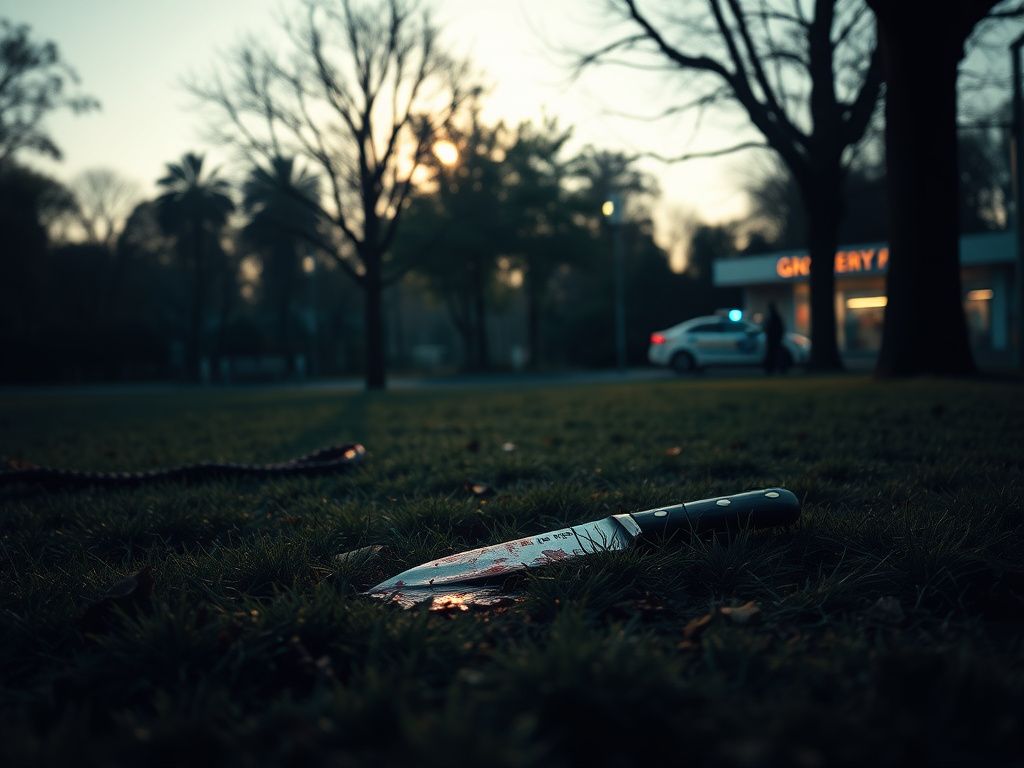 Flick International Blood-stained patch of grass with a knife and dog leash in a quiet park setting