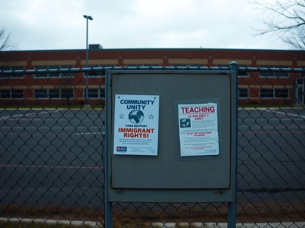 Flick International Somber scene of an empty school playground with notice board highlighting immigrant rights activism