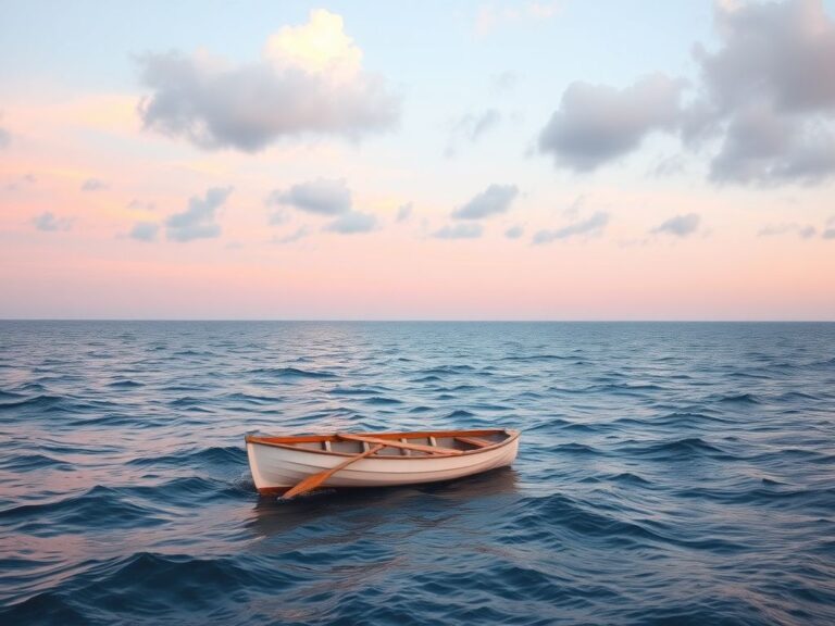 Flick International A serene ocean scene at dawn with an empty rowing boat on calm Atlantic waters