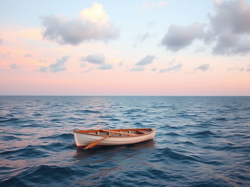 Flick International A serene ocean scene at dawn with an empty rowing boat on calm Atlantic waters