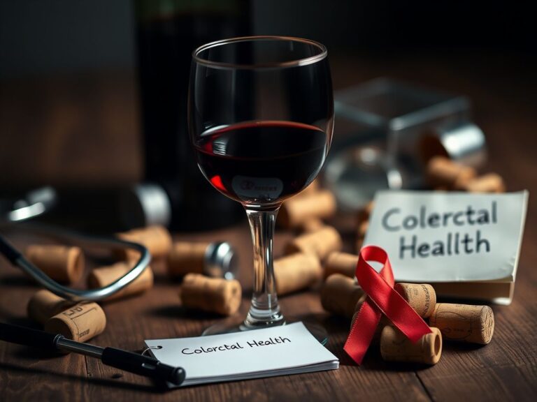 Flick International Close-up of a half-filled glass of dark red wine with a stethoscope and notepad for colorectal health