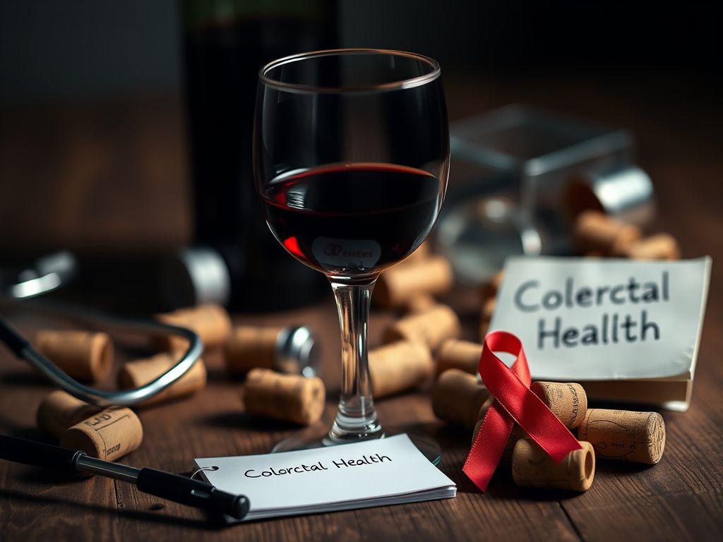 Flick International Close-up of a half-filled glass of dark red wine with a stethoscope and notepad for colorectal health