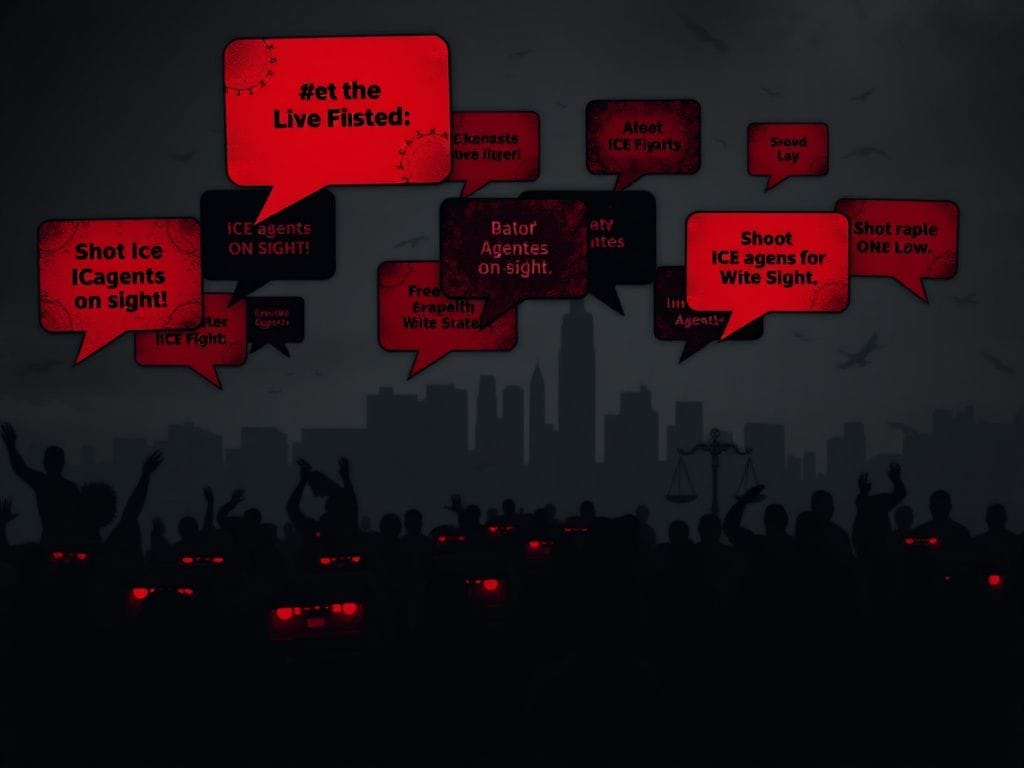 Flick International Abstract digital landscape of a social media platform depicting speech bubbles with incendiary phrases