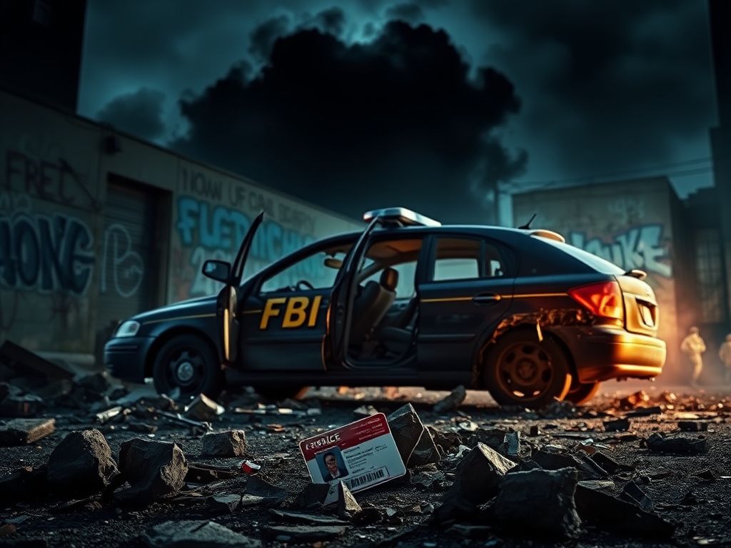 Flick International Shattered police vehicle with FBI insignia amidst riot debris in Minneapolis