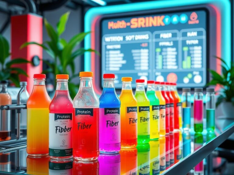 Flick International Futuristic beverage lab with colorful soft drink bottles labeled 'Protein' and 'Fiber'