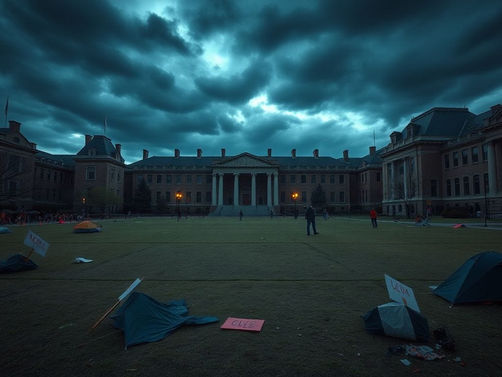 Flick International Tense campus scene at dusk with remnants of protest encampment and historical university buildings