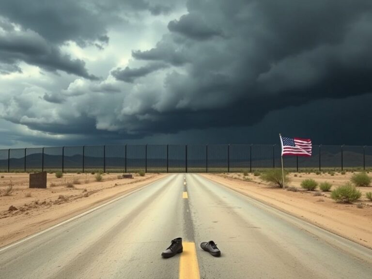 Flick International A deserted stretch of road leading to the U.S.-Mexico border fence under a stormy sky