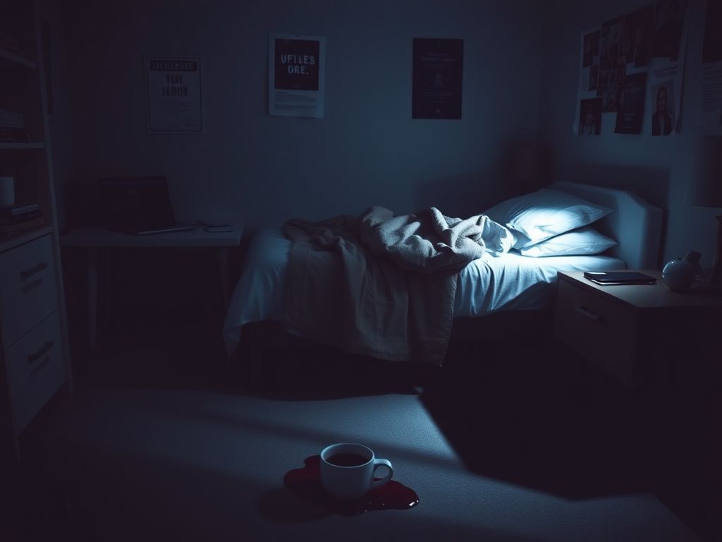 Flick International dimly lit university bedroom with unmade bed and personal items abandoned