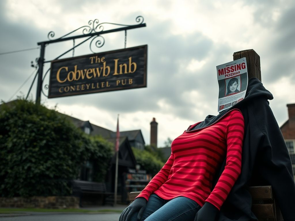 Flick International Exterior of the Cobwebb Inn pub under a cloudy sky with a missing person poster
