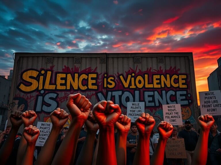 Flick International Vibrant graffiti on a wall reading 'Silence is Violence' with raised fists symbolizing solidarity and protest