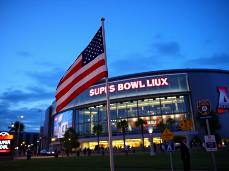 Flick International A vibrant scene outside Levi's Stadium with a large American flag waving amid Super Bowl LX excitement.