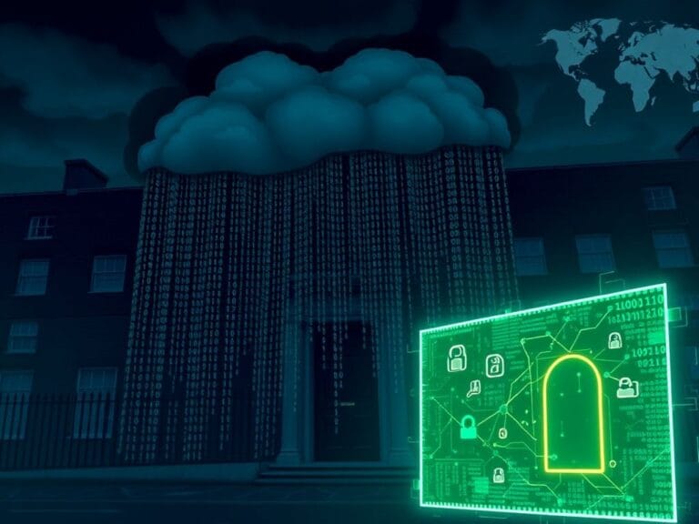 Flick International Dark digital illustration of Downing Street facade obscured by binary code