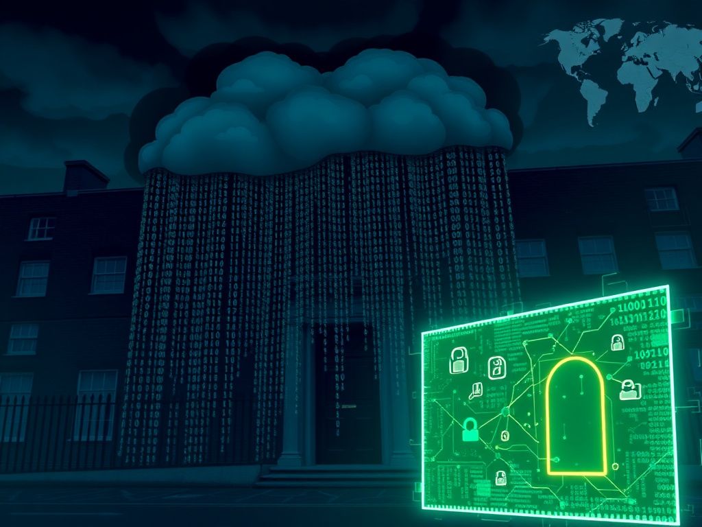 Flick International Dark digital illustration of Downing Street facade obscured by binary code