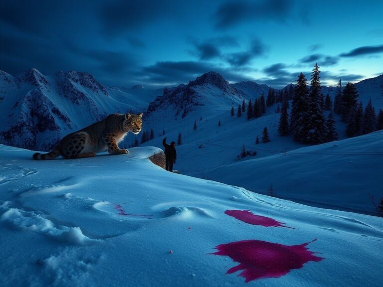 Flick International Snow leopard lurking in a snowy mountainous terrain