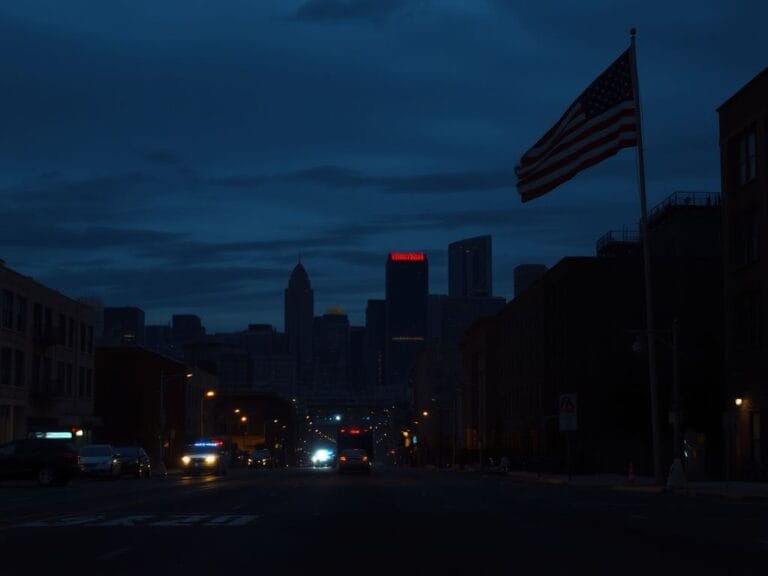 Flick International Somber silhouette of the Minneapolis skyline at dusk with an empty street and police car lights