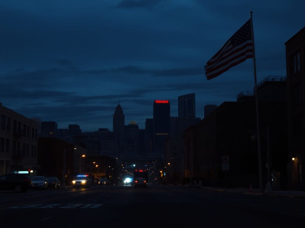 Flick International Somber silhouette of the Minneapolis skyline at dusk with an empty street and police car lights