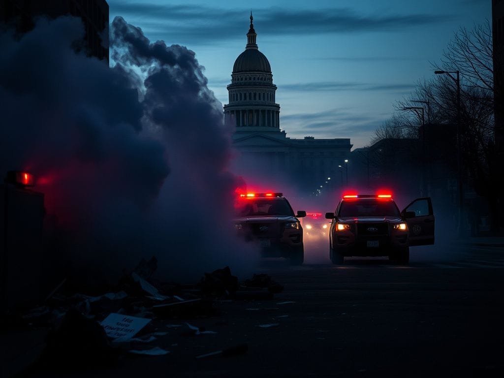 Flick International A dramatic urban street scene in Minnesota showing police vehicles and tear gas smoke during a protest