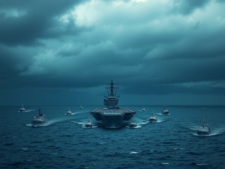 Flick International USS Abraham Lincoln aircraft carrier surrounded by smaller vessels in the Indian Ocean