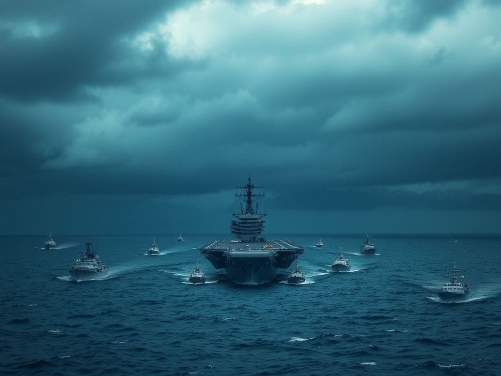 Flick International USS Abraham Lincoln aircraft carrier surrounded by smaller vessels in the Indian Ocean