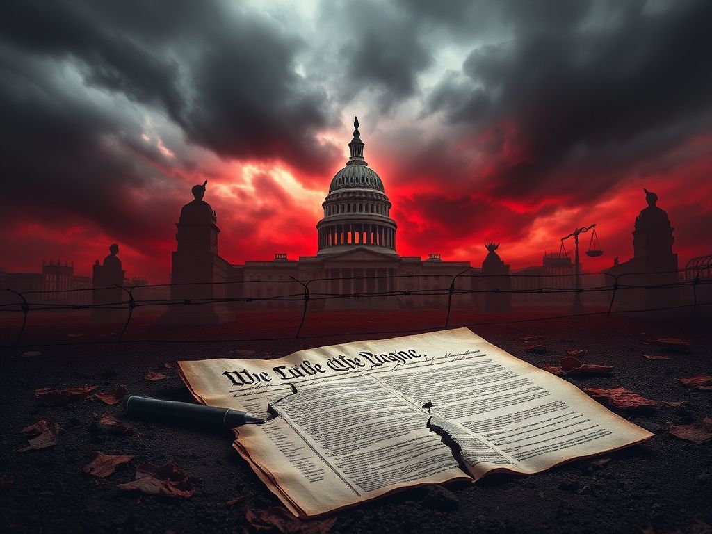 Flick International An abstract representation of political turmoil featuring a broken Constitution and looming democratic symbols under a stormy sky.